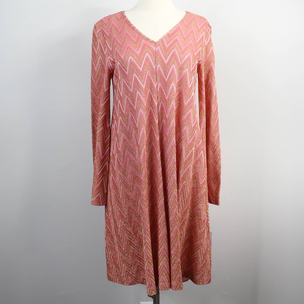 M Missoni Pink & Gold Chevron Long Sleeve V-Neck Dress